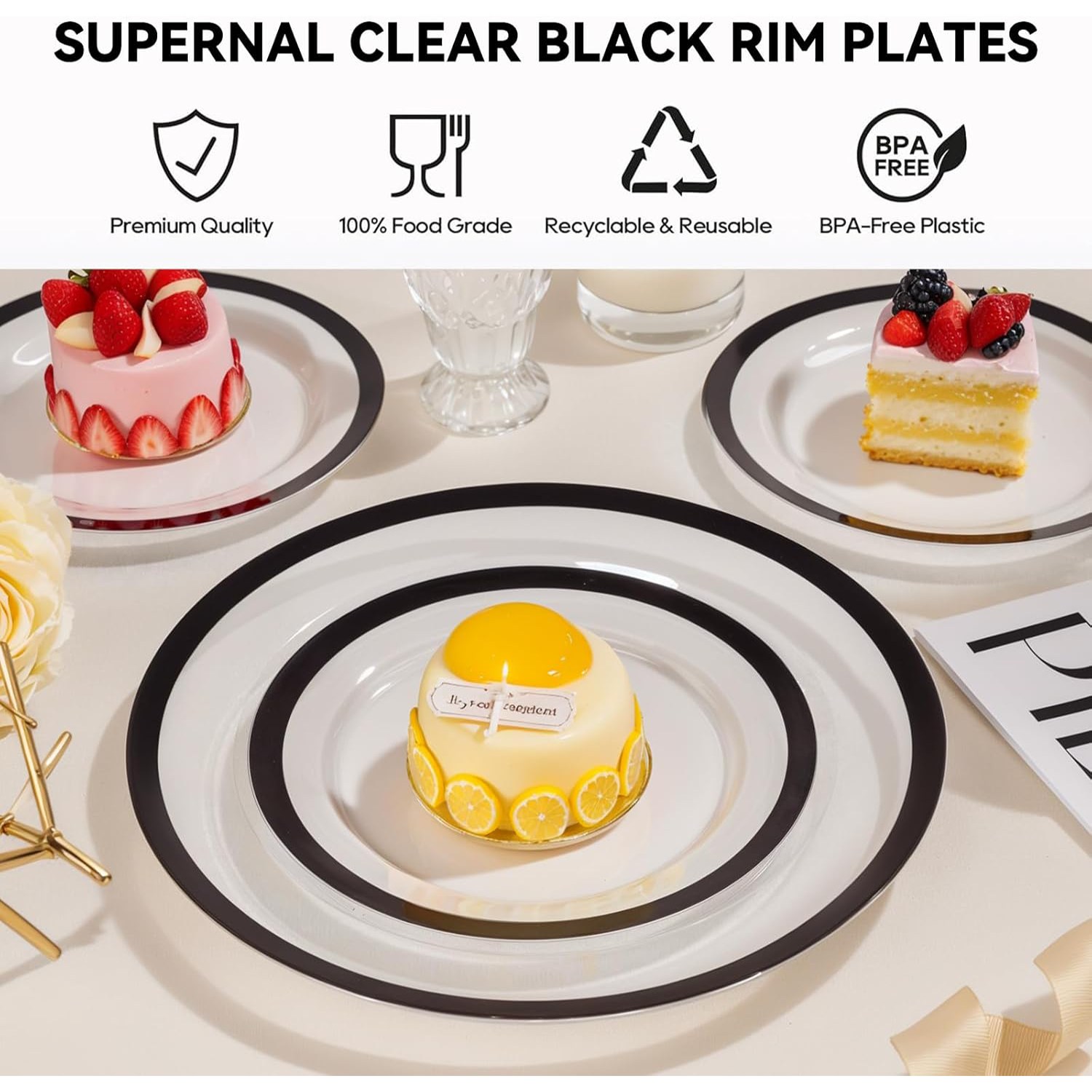 Clear And Black Fancy Plastic Plates (120 Pieces) — view 4