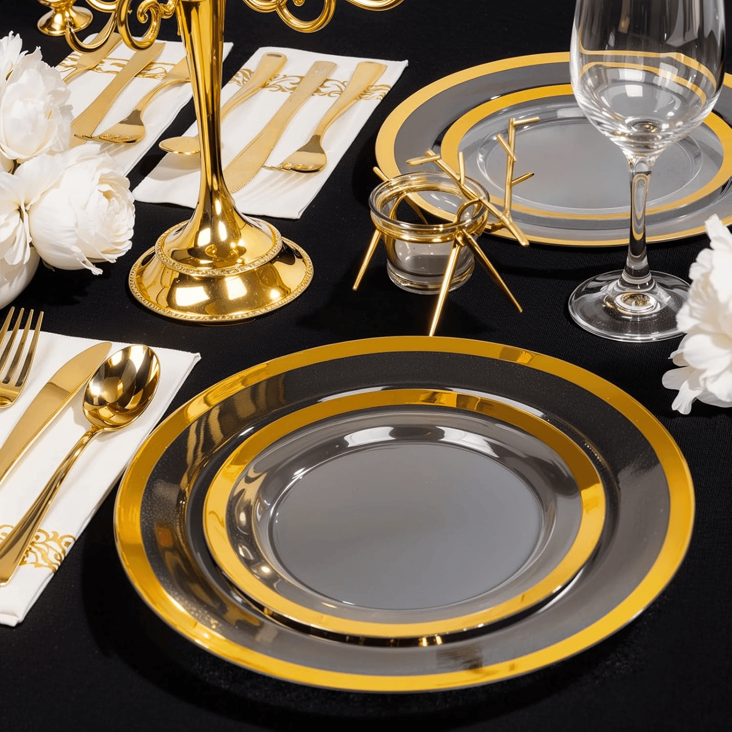 Baroque Gold Rim Fancy Plastic Plates (120 Pieces) — view 9