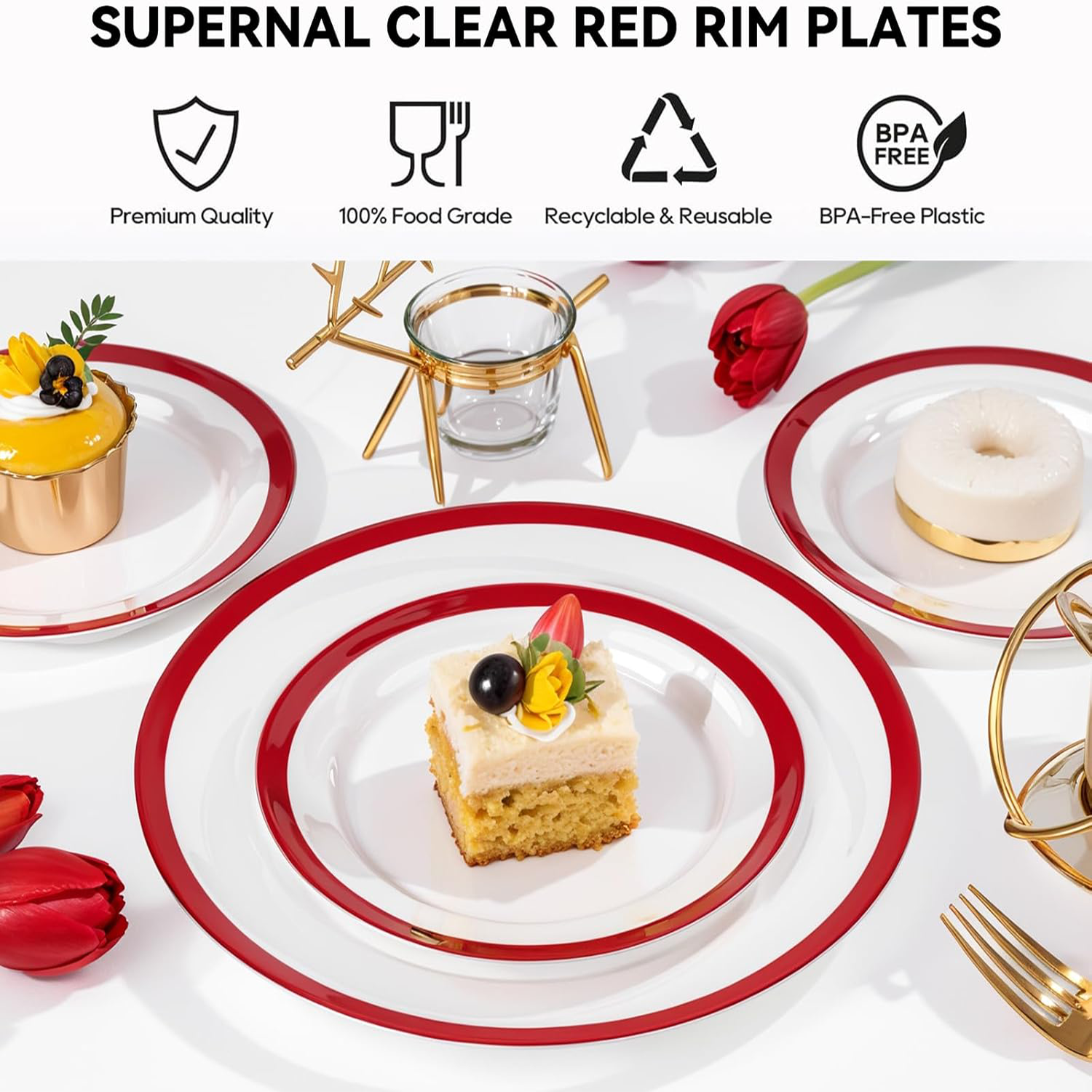 Clear And Red Fancy Plastic Plates (120 Pieces) — view 3