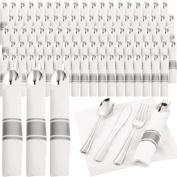 Silver Pre-Rolled Cutlery with Napkins — view 1