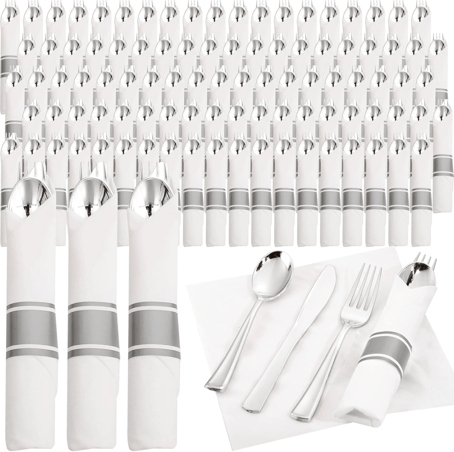 Silver Pre-Rolled Cutlery with Napkins — view 1
