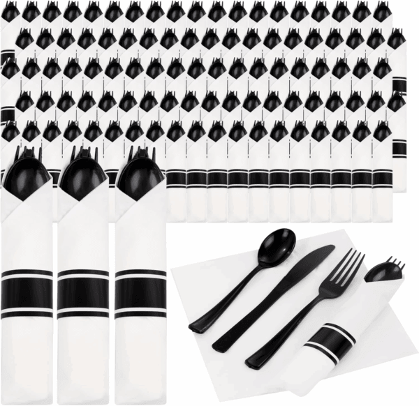 Black Pre-Rolled Cutlery with Napkins — view 1