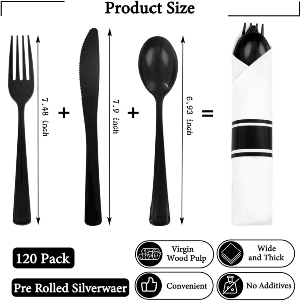 Black Pre-Rolled Cutlery with Napkins — view 2