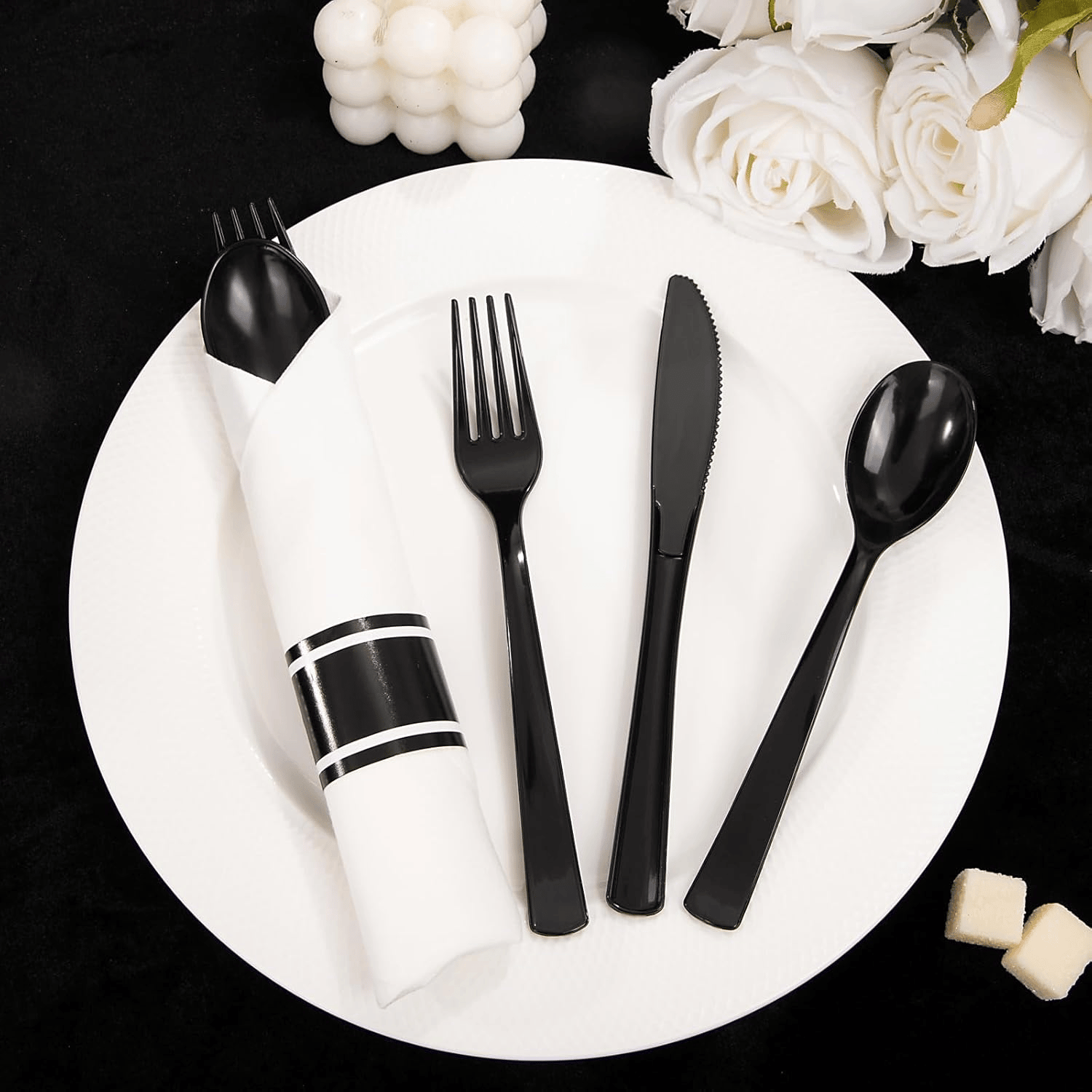 Black Pre-Rolled Cutlery with Napkins — view 6