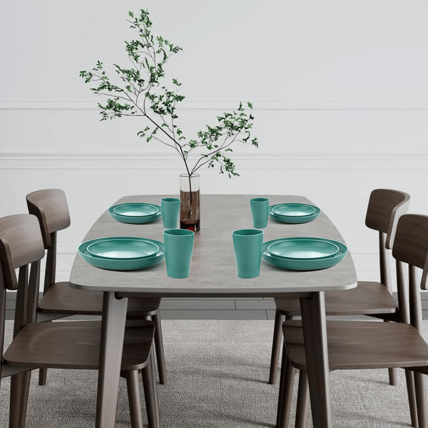 Dark Green Wheat Straw Dinnerware Sets for 8,Microwave Dishwasher Safe,Unbreakable ,Reusable Tableware Set,Beige Set Plates, Bowls, Cups. — view 8
