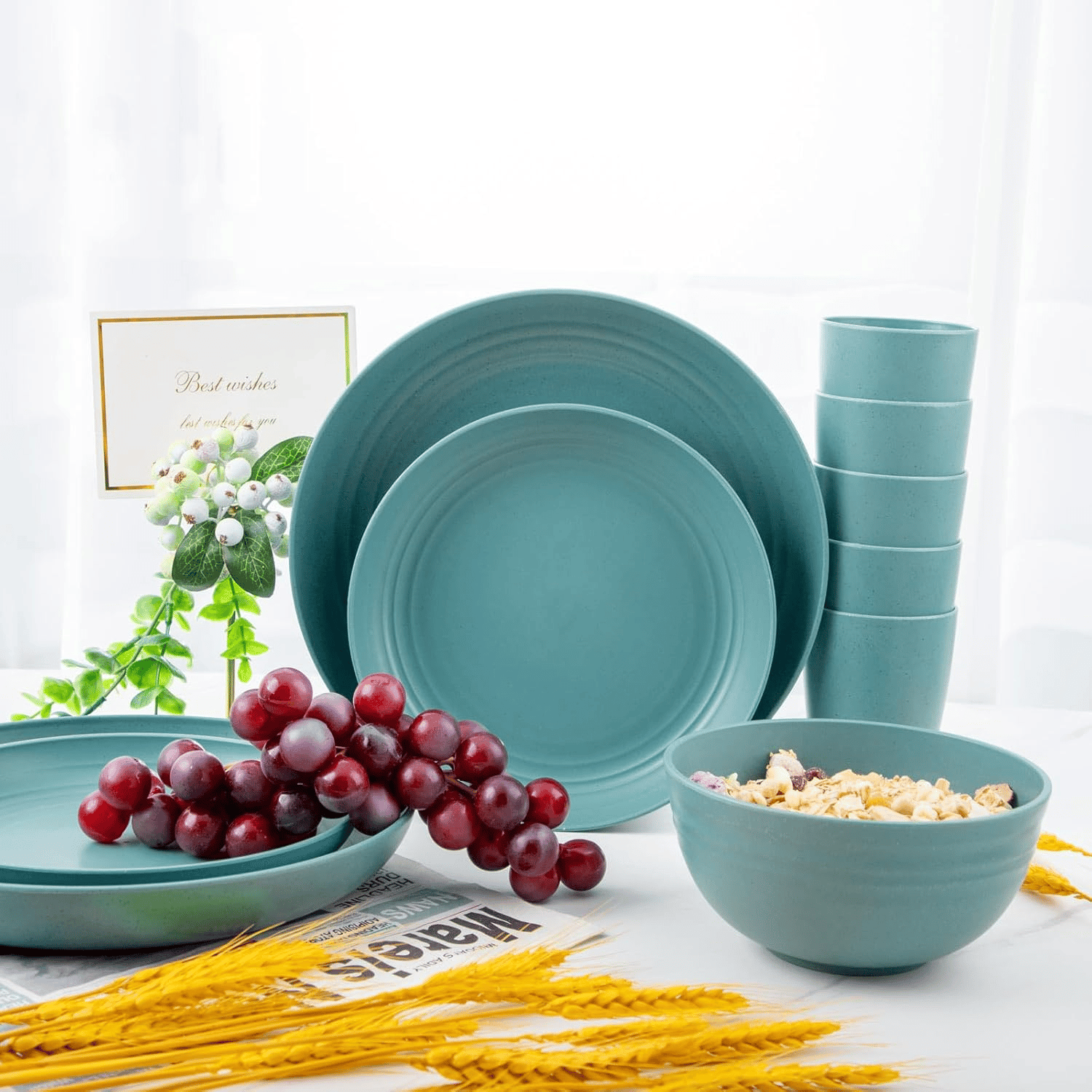 Dark Green Wheat Straw Dinnerware Sets for 8,Microwave Dishwasher Safe,Unbreakable ,Reusable Tableware Set,Beige Set Plates, Bowls, Cups. — view 10