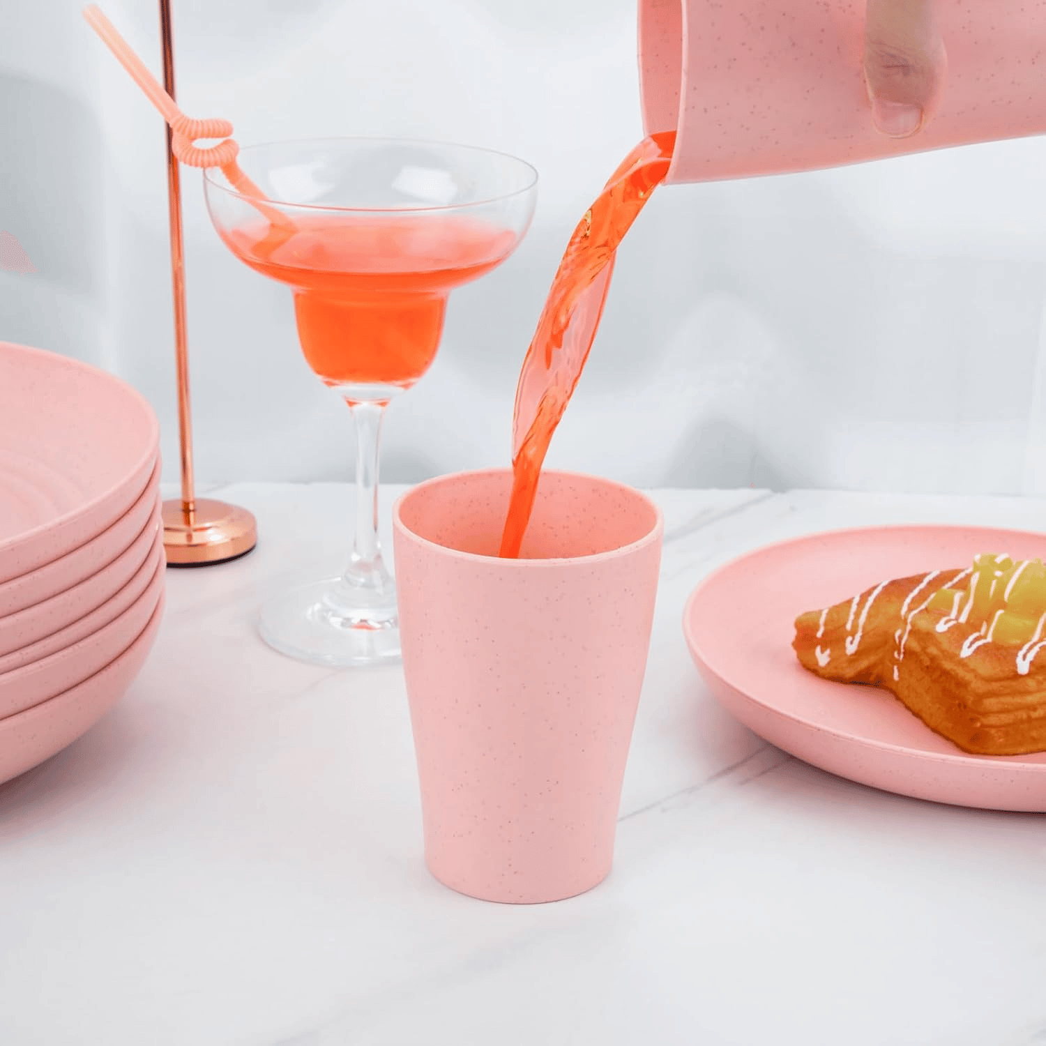 Baby Pink Wheat Straw Dinnerware Sets for 8,Microwave Dishwasher Safe,Unbreakable ,Reusable Tableware Set,Beige Set Plates, Bowls, Cups. — view 9