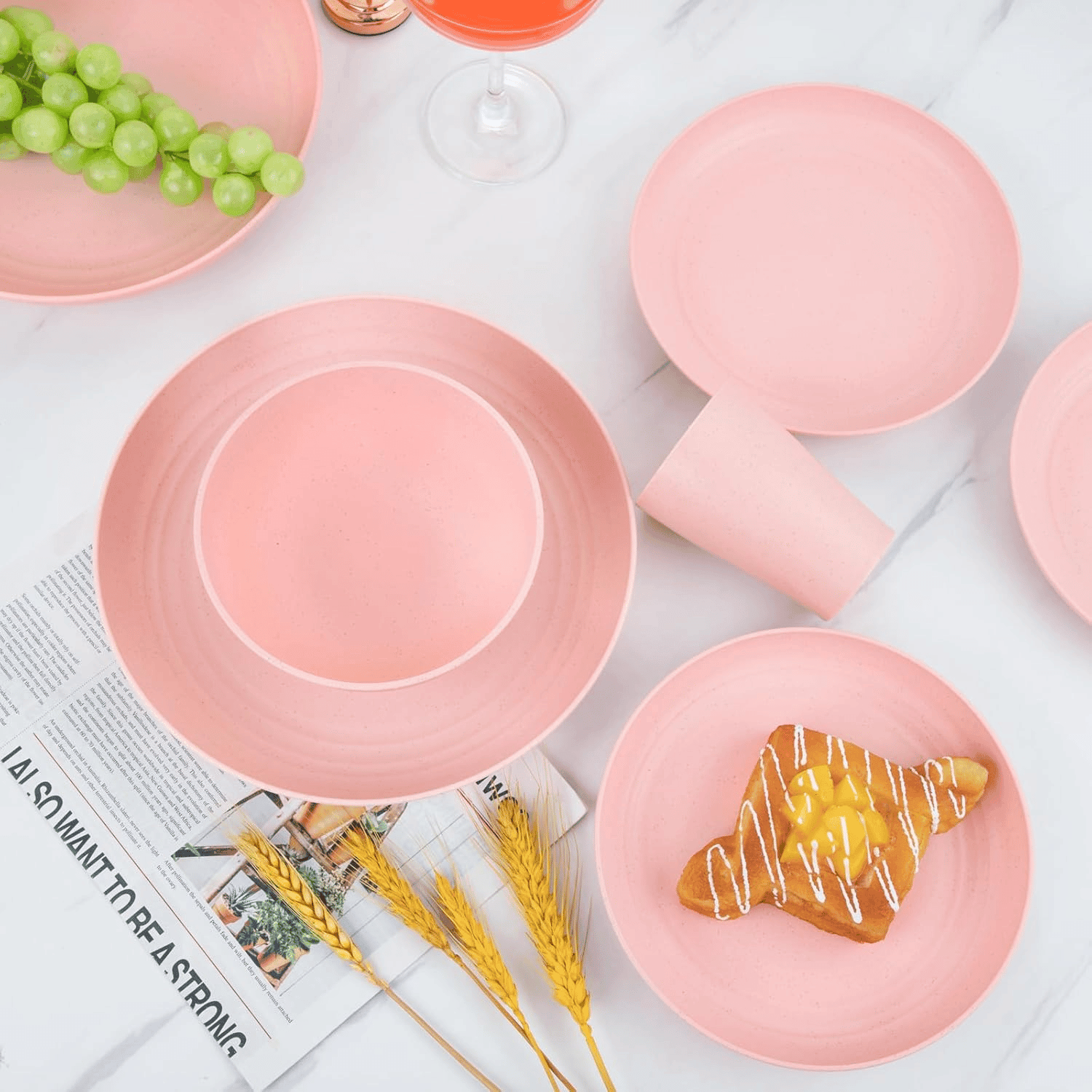 Baby Pink Wheat Straw Dinnerware Sets for 8,Microwave Dishwasher Safe,Unbreakable ,Reusable Tableware Set,Beige Set Plates, Bowls, Cups. — view 10