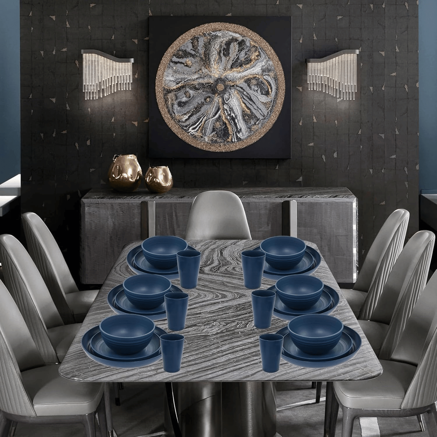 Dark BlueWheat Straw Dinnerware Sets for 8,Microwave Dishwasher Safe,Unbreakable ,Reusable Tableware Set,Beige Set Plates, Bowls, Cups. — view 8