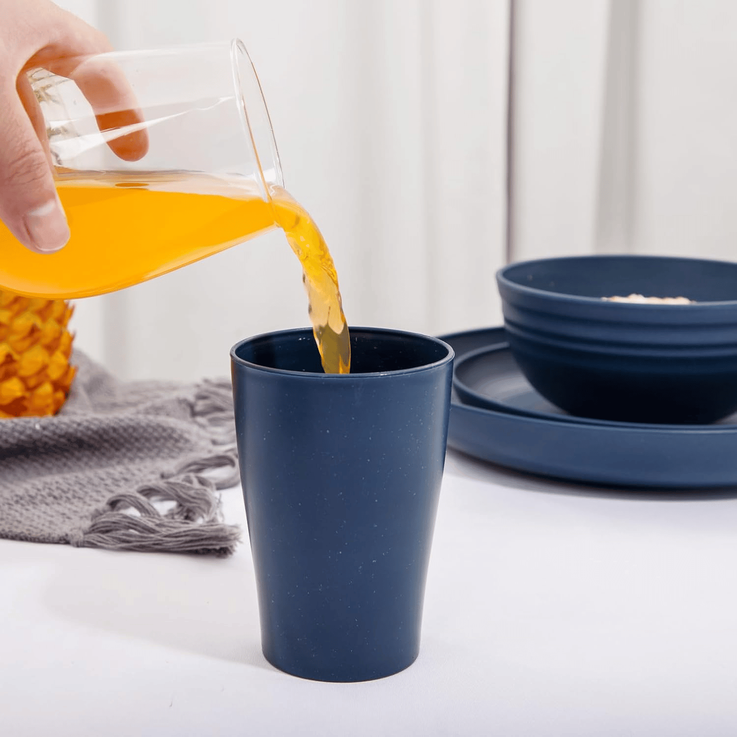 Dark BlueWheat Straw Dinnerware Sets for 8,Microwave Dishwasher Safe,Unbreakable ,Reusable Tableware Set,Beige Set Plates, Bowls, Cups. — view 9