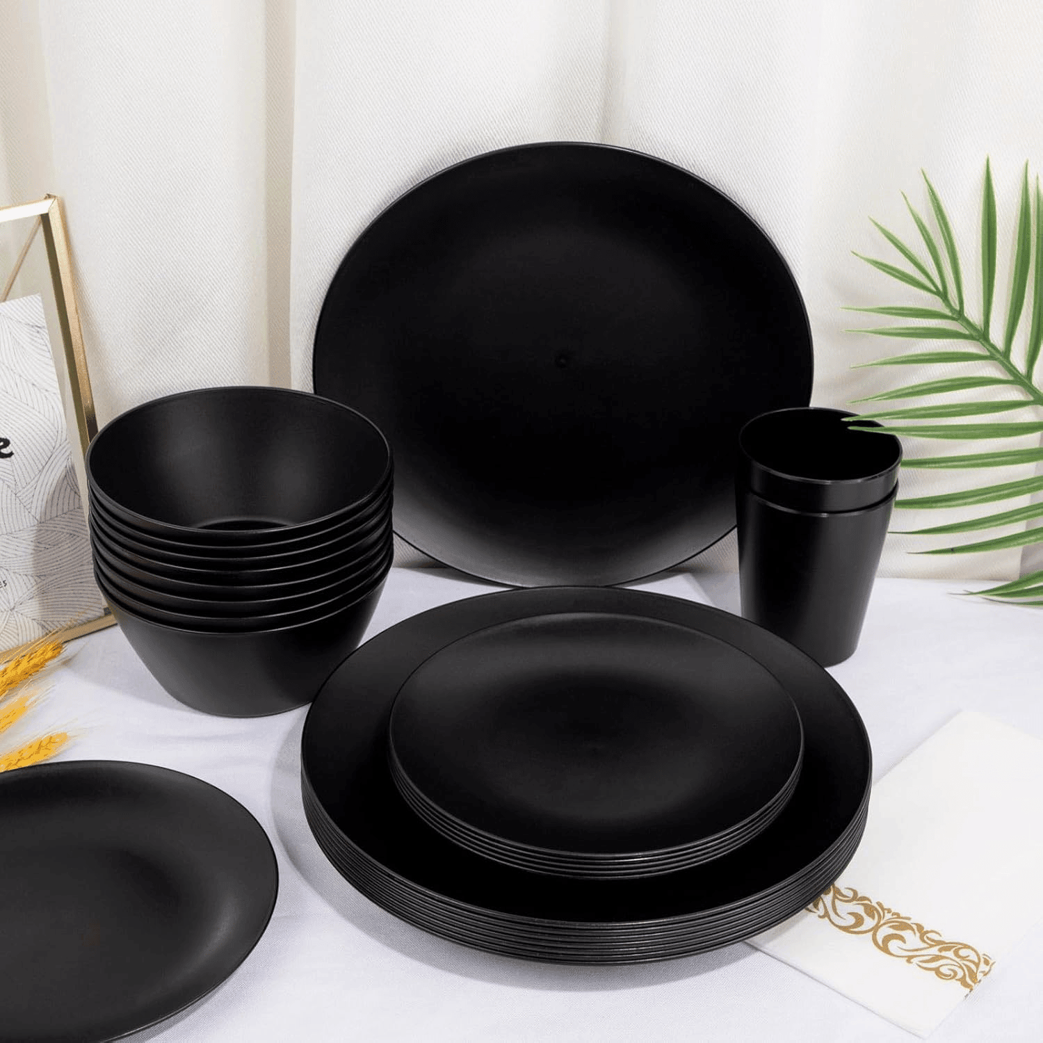 Black Wheat Straw Dinnerware With Sets,Unbreakable Dinner Plates for 8,Microwave Dishwasher Safe,Reusable ,Set Plates, Bowls, Cups. — view 9