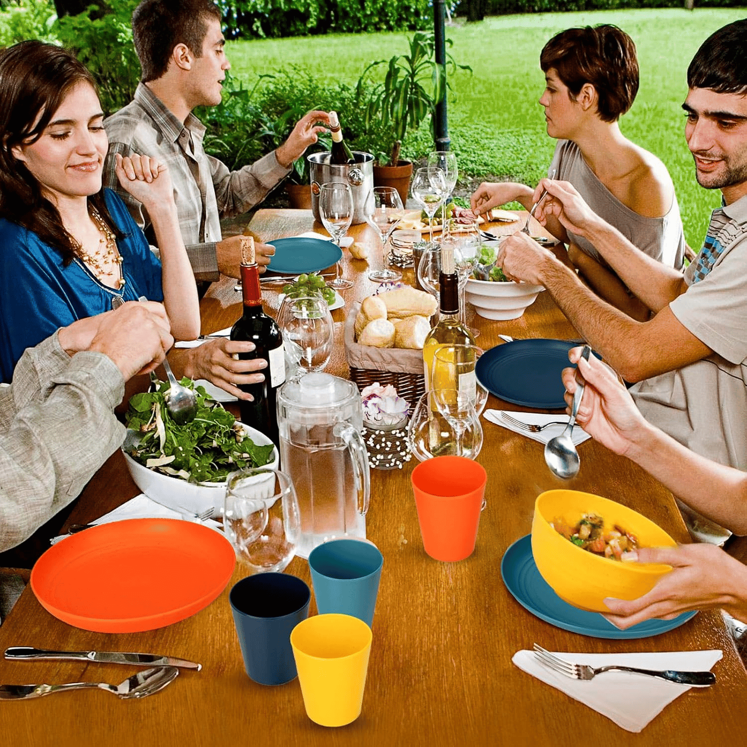 Blue & Dark Blue & Orange & Yellow Wheat Straw Dinnerware Sets,Unbreakable Dinner Plates for 8,Microwave Dishwasher Safe,Reusable ,Set Plates, Bowls, Cups. — view 8