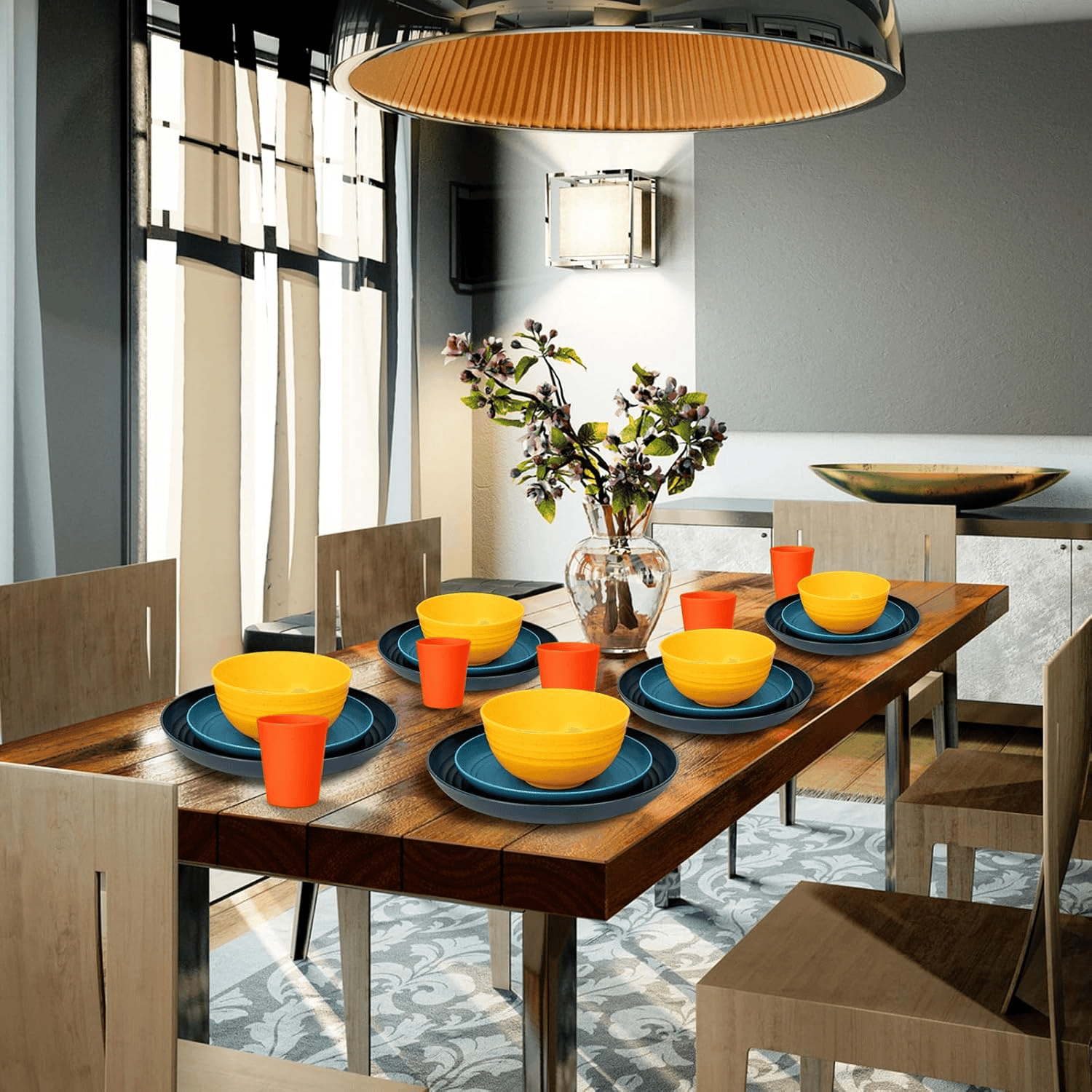 Blue & Dark Blue & Orange & Yellow Wheat Straw Dinnerware Sets,Unbreakable Dinner Plates for 8,Microwave Dishwasher Safe,Reusable ,Set Plates, Bowls, Cups. — view 9