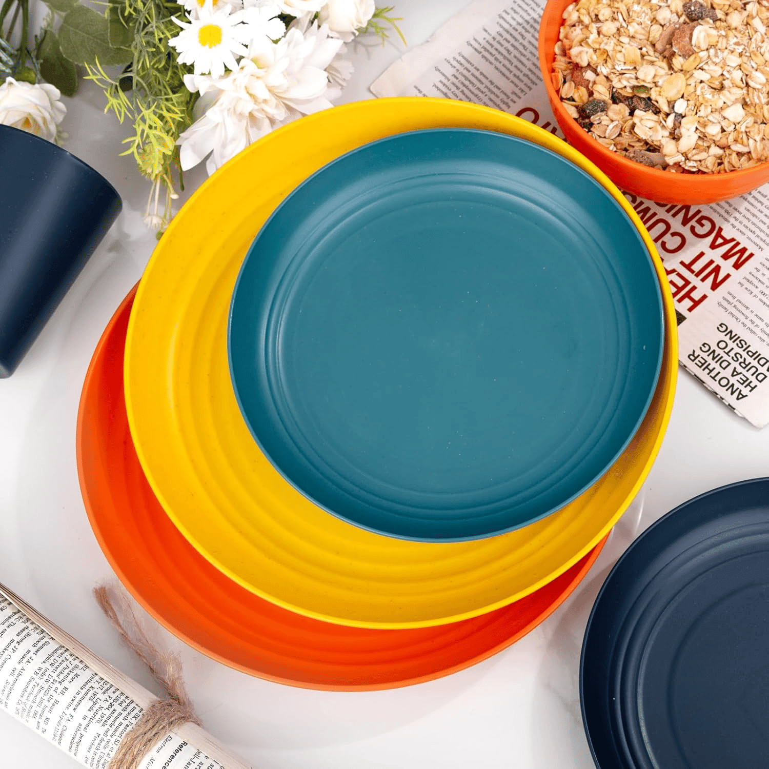 Blue & Dark Blue & Orange & Yellow Wheat Straw Dinnerware Sets,Unbreakable Dinner Plates for 8,Microwave Dishwasher Safe,Reusable ,Set Plates, Bowls, Cups. — view 10
