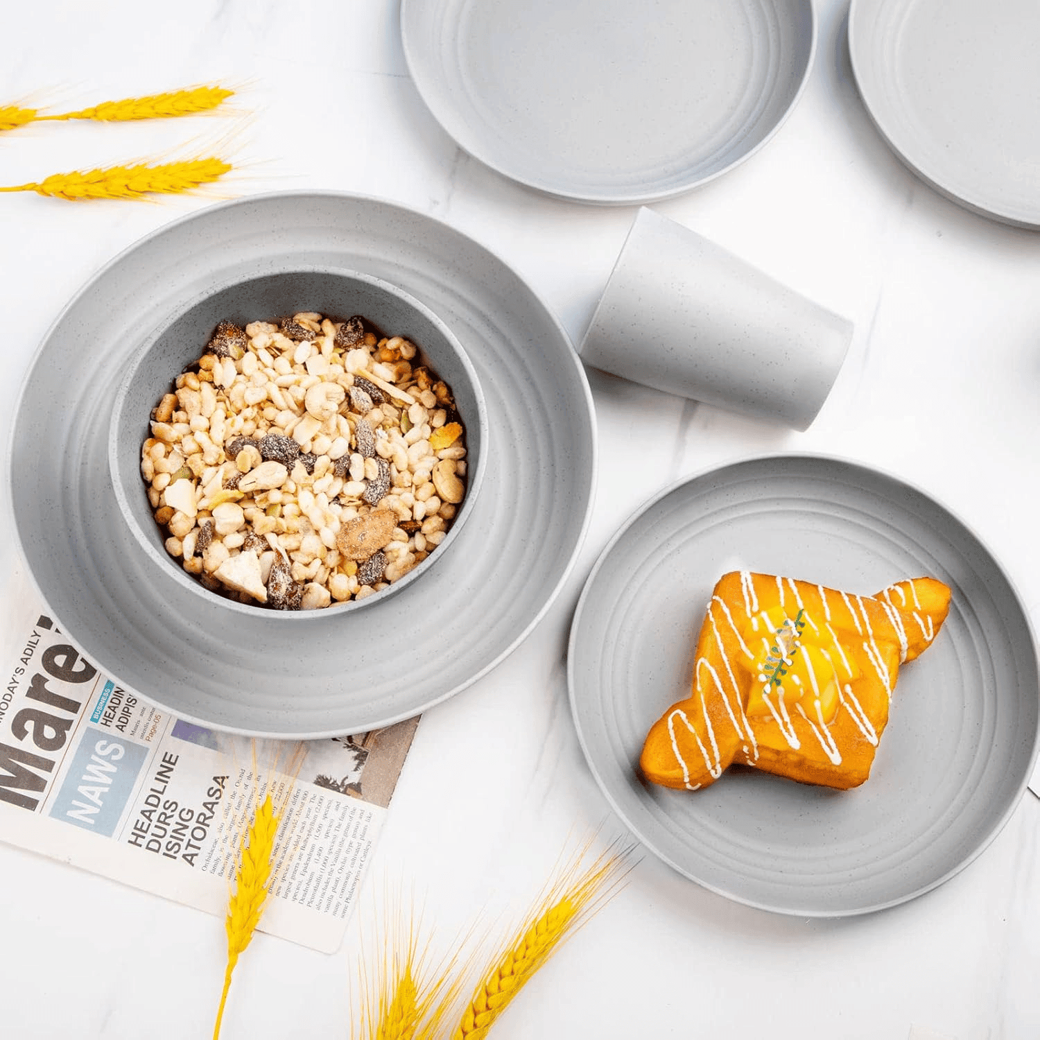 Light Grey Wheat Straw Dinnerware Sets,Unbreakable Dinner Plates for 8,Microwave Dishwasher Safe,Reusable ,Set Plates, Bowls, Cups. — view 9