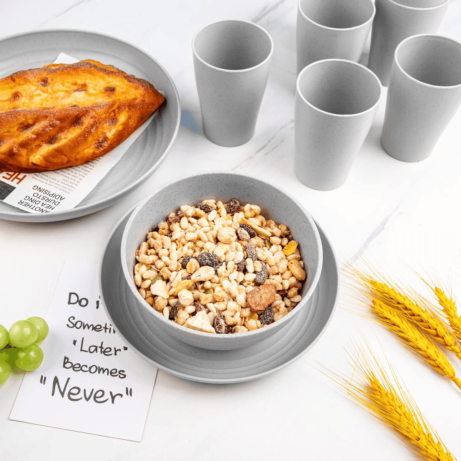 Light Grey Wheat Straw Dinnerware Sets,Unbreakable Dinner Plates for 8,Microwave Dishwasher Safe,Reusable ,Set Plates, Bowls, Cups. — view 10