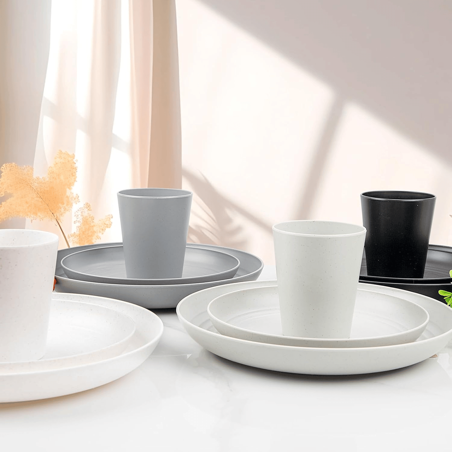 White & Black & Grey & Dark Grey Wheat Straw Dinnerware Sets,Unbreakable Dinner Plates for 8,Microwave Dishwasher Safe,Reusable ,Set Plates, Bowls, Cups. — view 8