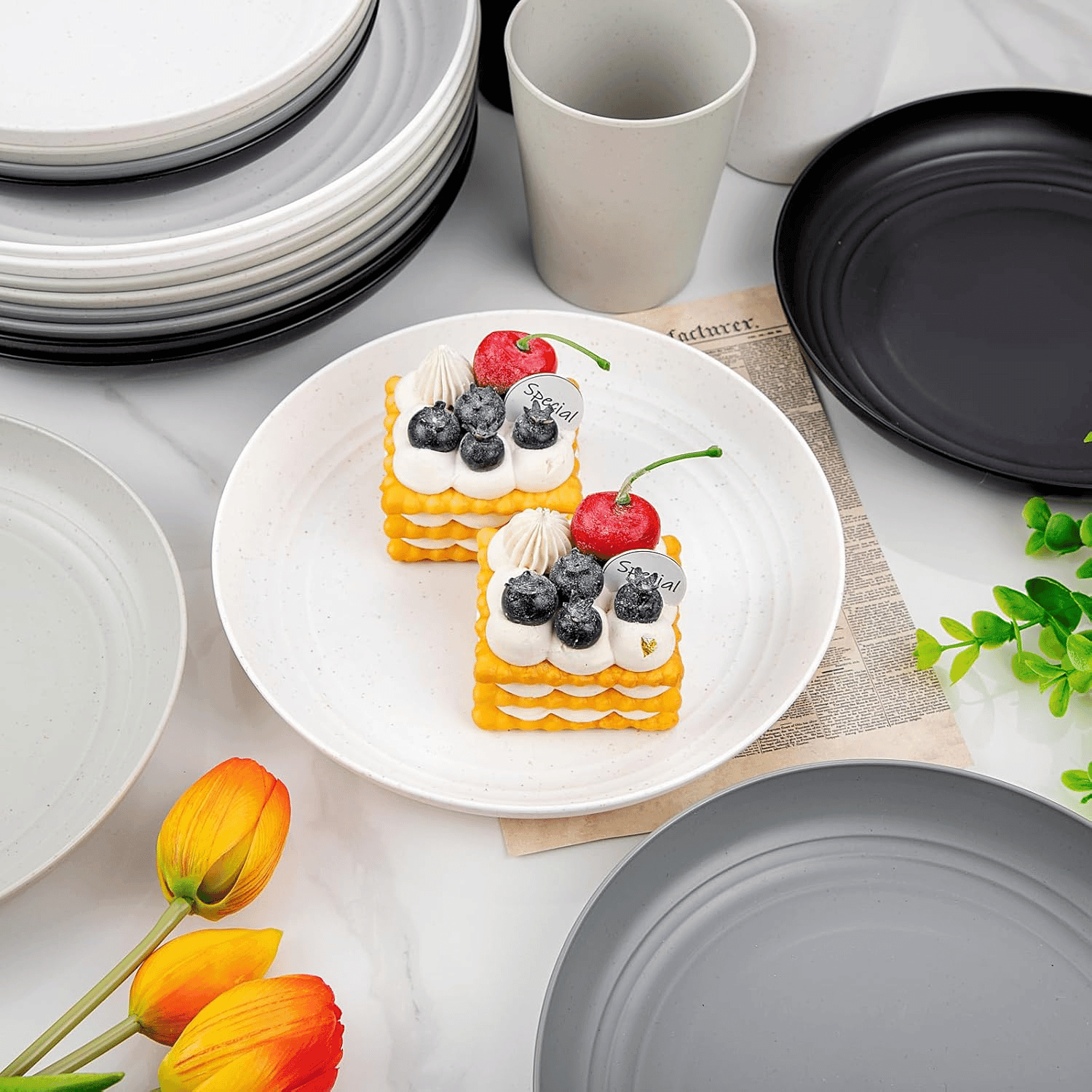 White & Black & Grey & Dark Grey Wheat Straw Dinnerware Sets,Unbreakable Dinner Plates for 8,Microwave Dishwasher Safe,Reusable ,Set Plates, Bowls, Cups. — view 10