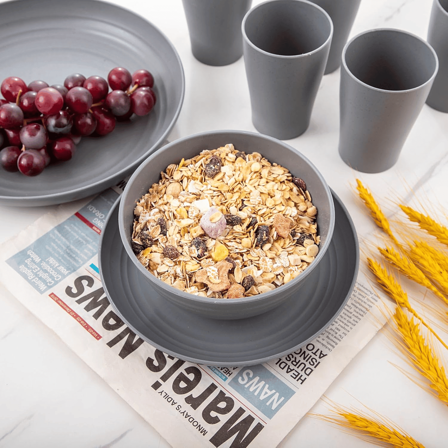 Dark Grey Wheat Straw Dinnerware Sets,Unbreakable Dinner Plates for 8,Microwave Dishwasher Safe,Reusable ,Set Plates, Bowls, Cups. — view 10