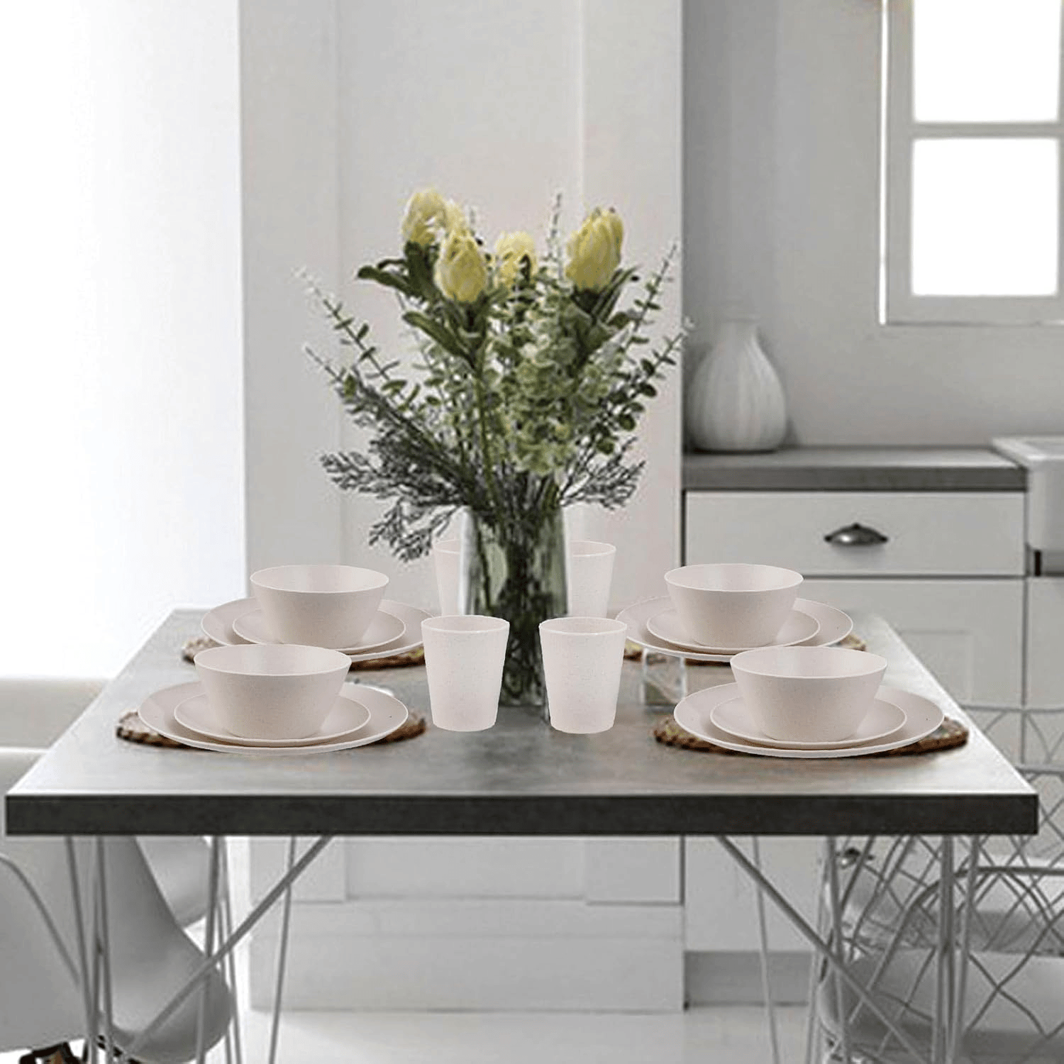 Beige Wheat Straw Dinnerware With Sets,Unbreakable Dinner Plates for 8,Microwave Dishwasher Safe,Reusable ,Set Plates, Bowls, Cups. — view 8