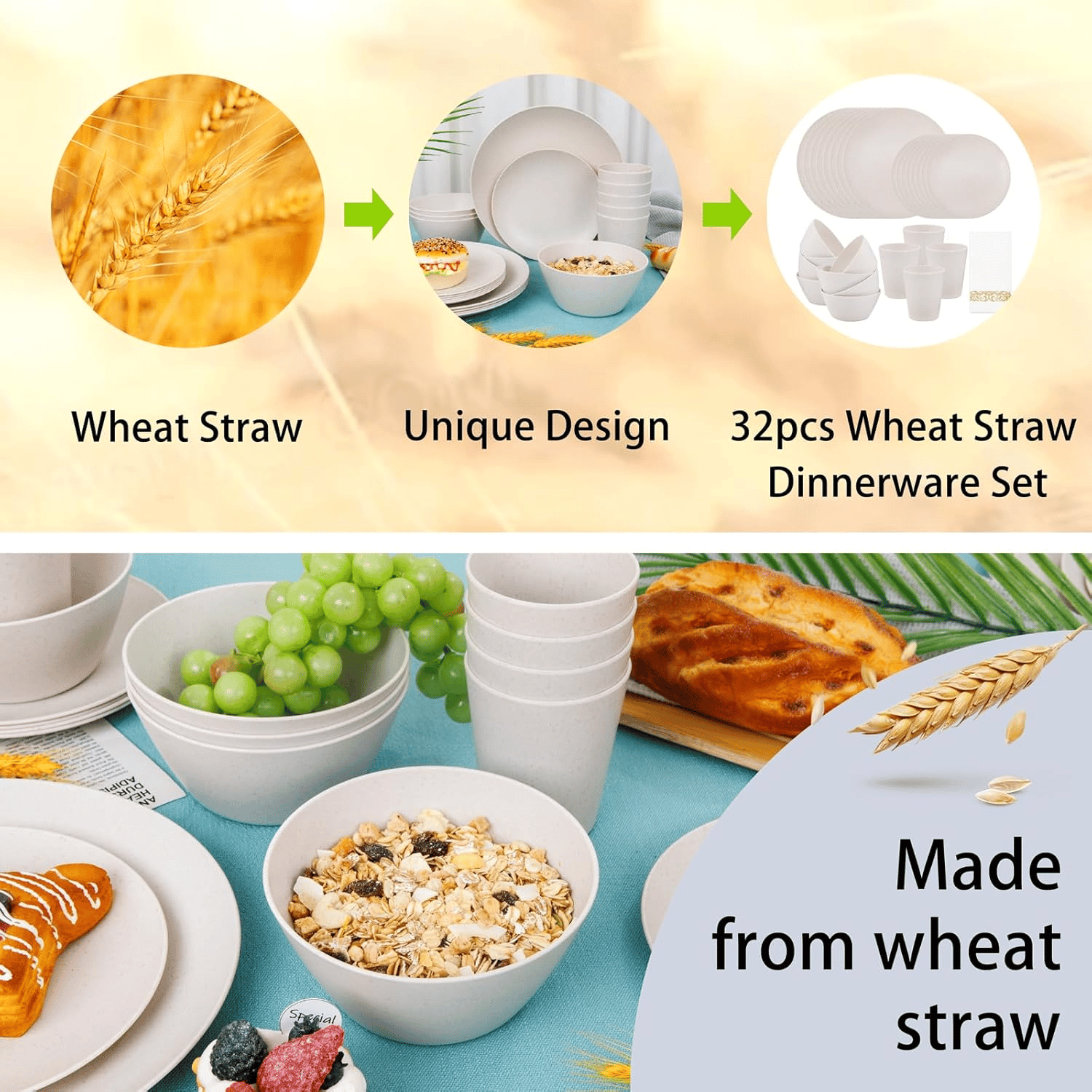 Beige Wheat Straw Dinnerware With Sets,Unbreakable Dinner Plates for 8,Microwave Dishwasher Safe,Reusable ,Set Plates, Bowls, Cups. — view 10