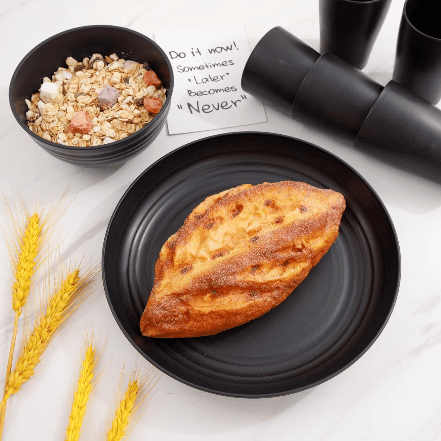 Black Wheat Straw Dinnerware Sets,Unbreakable Dinner Plates for 8,Microwave Dishwasher Safe,Reusable ,Set Plates, Bowls, Cups. — view 9