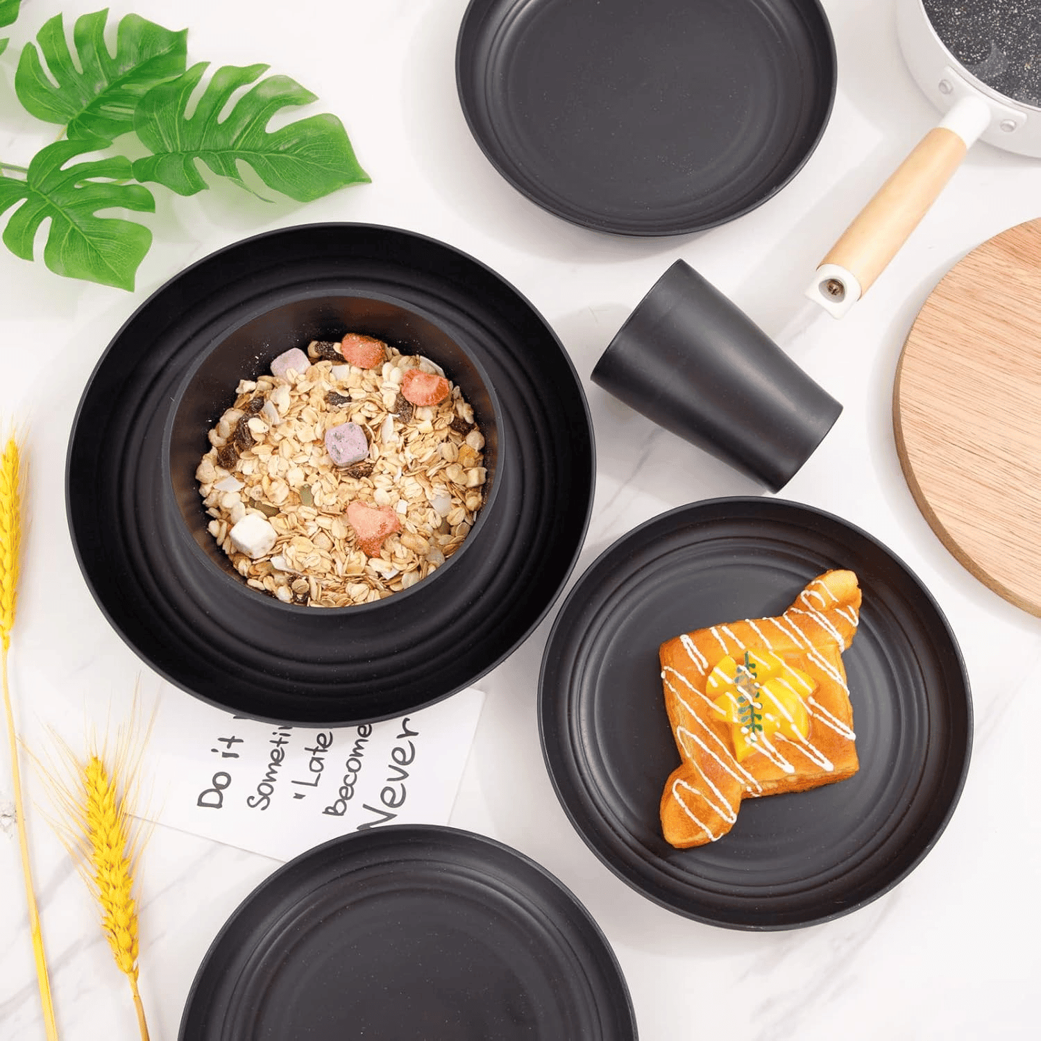 Black Wheat Straw Dinnerware Sets,Unbreakable Dinner Plates for 8,Microwave Dishwasher Safe,Reusable ,Set Plates, Bowls, Cups. — view 10