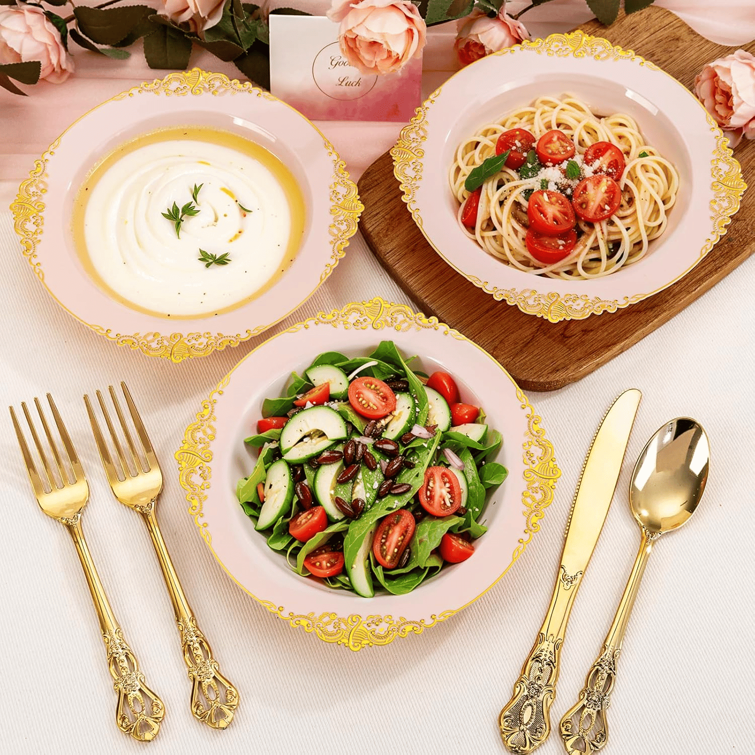 Pink Plastic Bowls- 12 oz White Disposable Salad Bowls — view 9