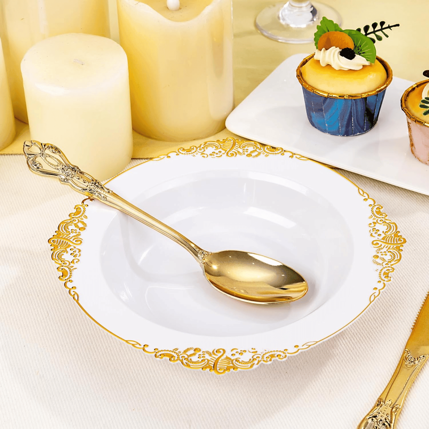 Gold Plastic Bowls- 12 oz White Disposable Salad Bowls — view 8