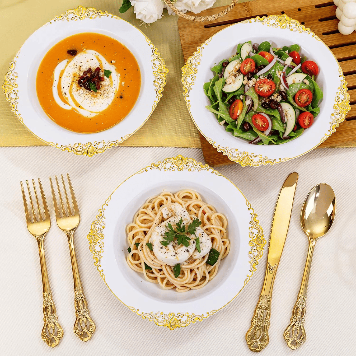 Gold Plastic Bowls- 12 oz White Disposable Salad Bowls — view 9
