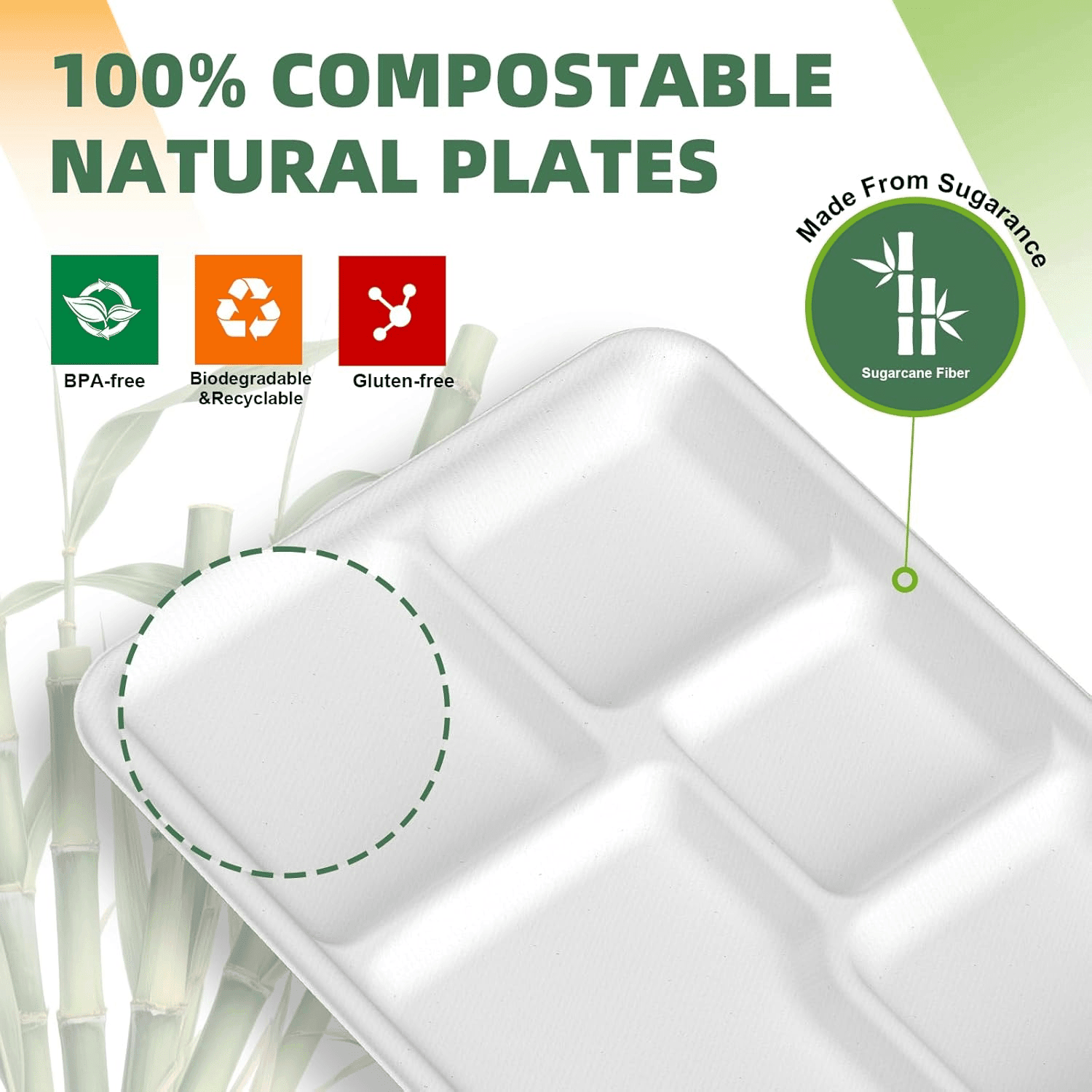 White 100% Compostable 5 Compartment Paper Plates — view 4