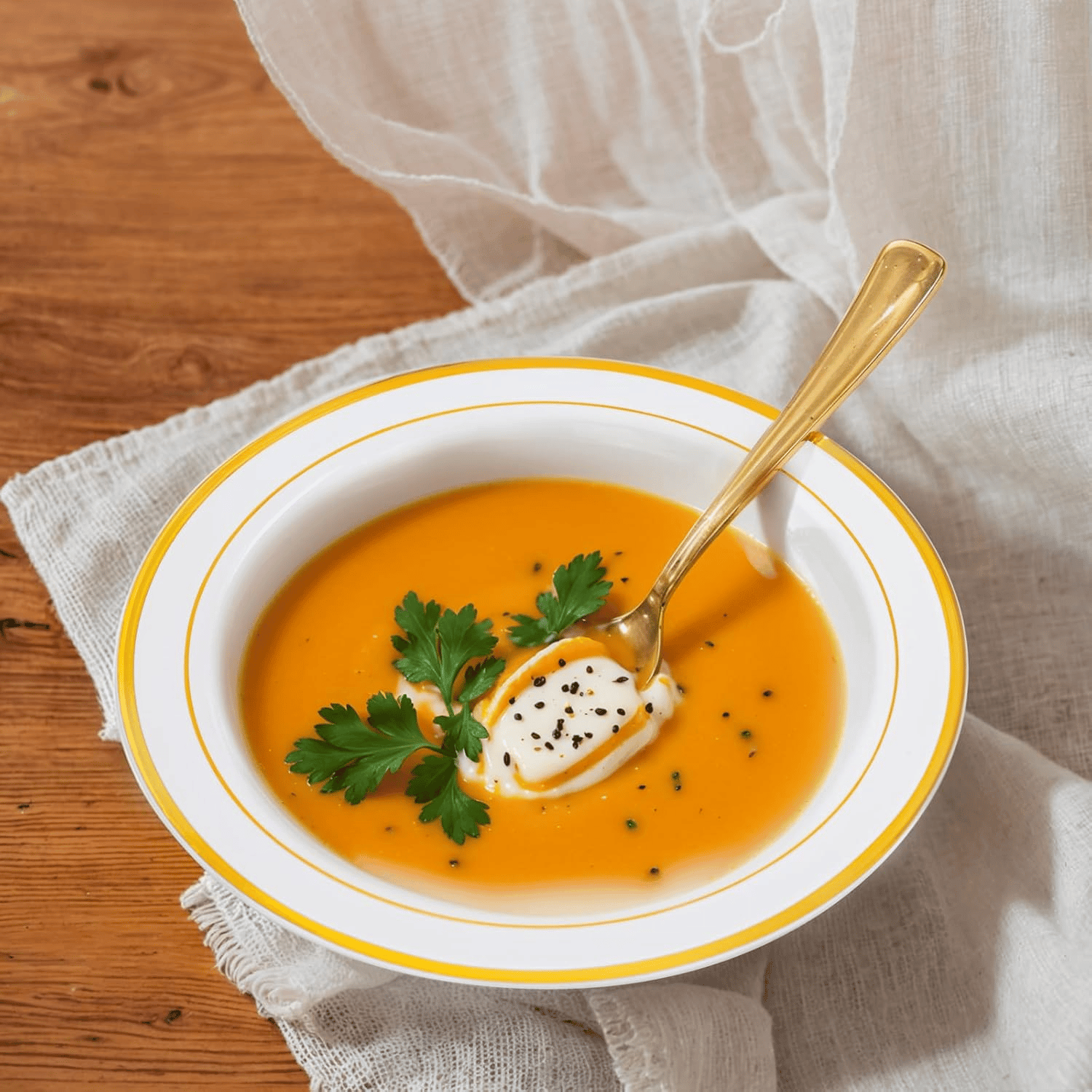 White plastic bowl with a gold rim, filled with orange soup and a gold spoon