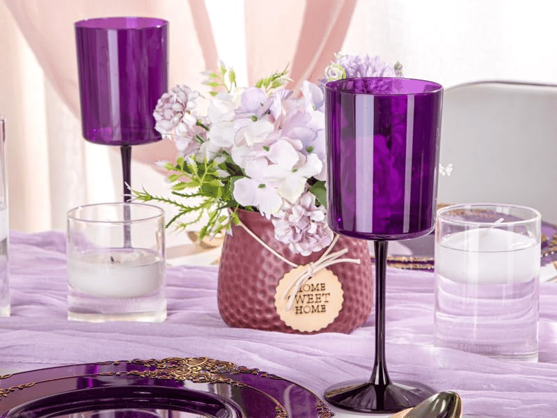 Purple Plastic Wine Glasses with Long Stem, Clear Design (10 oz, 12 Pack) — view 10