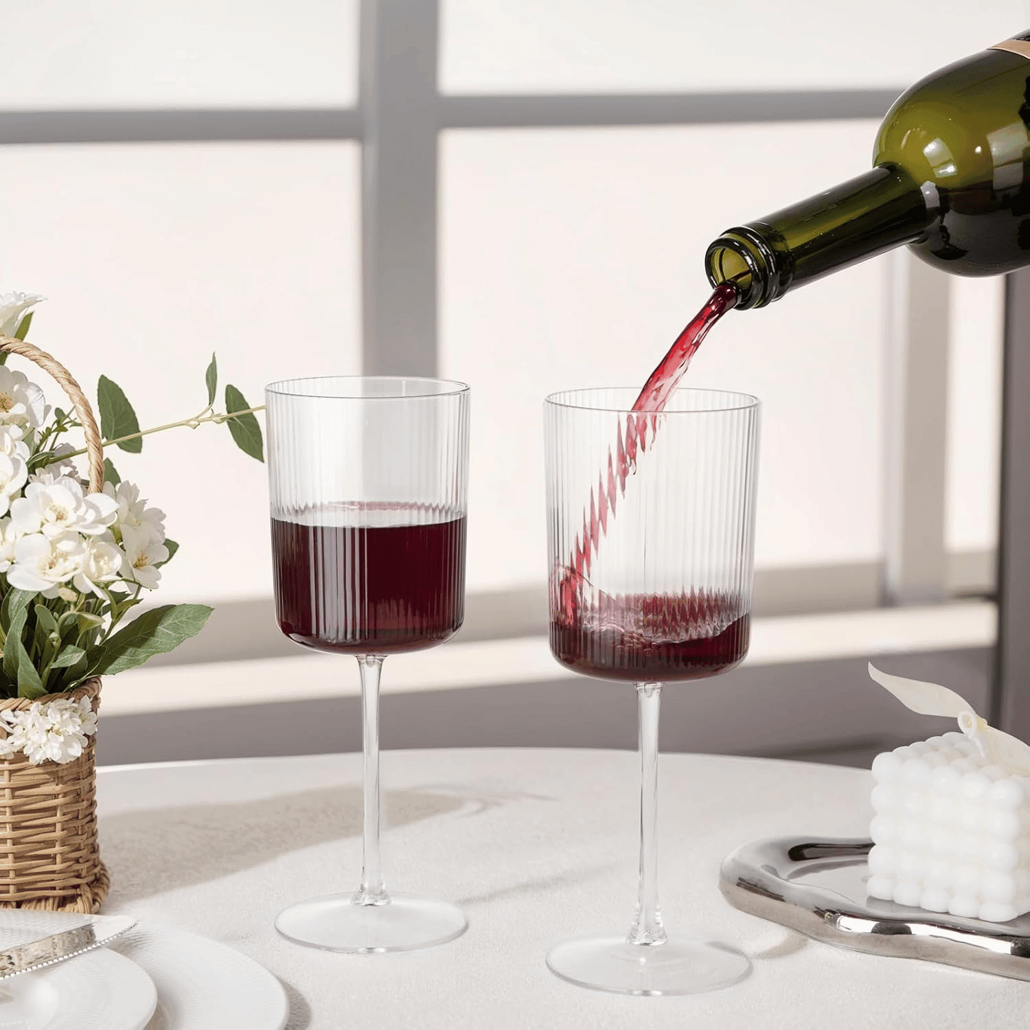 Ribbed Square Wine Glasses, Plastic Stem, Clear Design (10 oz, 12 Pack) — view 8