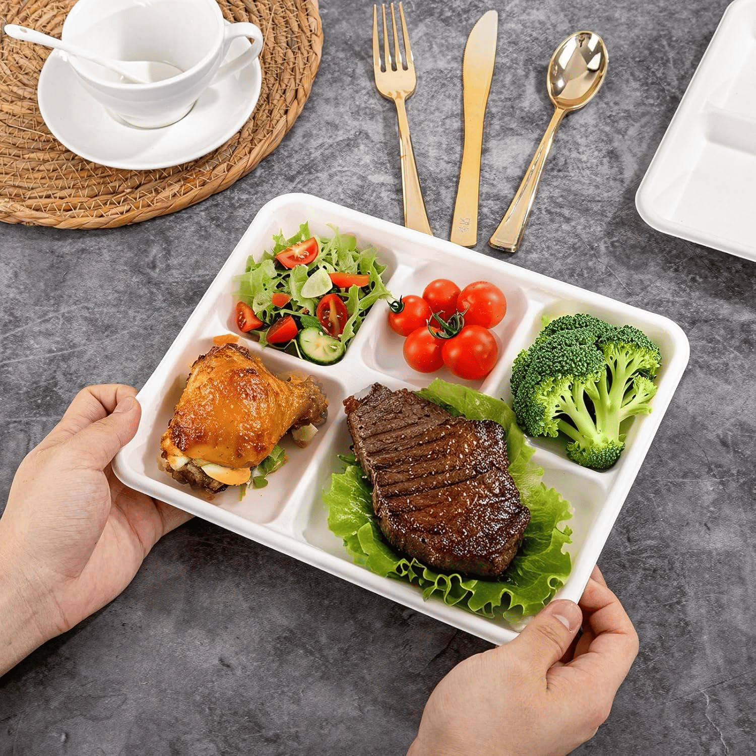 White 100% Compostable 5 Compartment Paper Plates — view 5