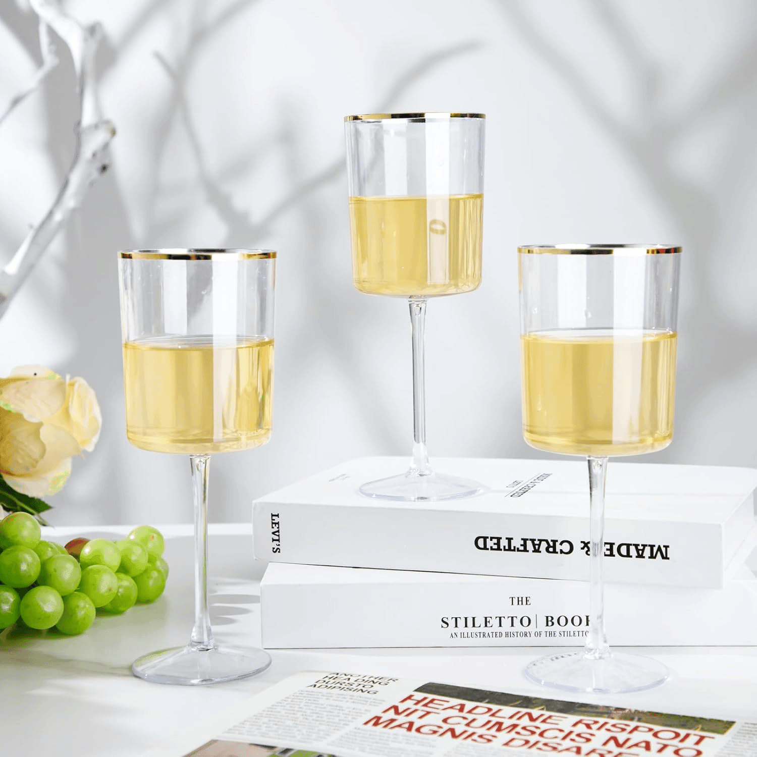 Plastic Stemmed Wine Glasses, Gold Rim, Clear Design (10 oz, 12 Pack) — view 8