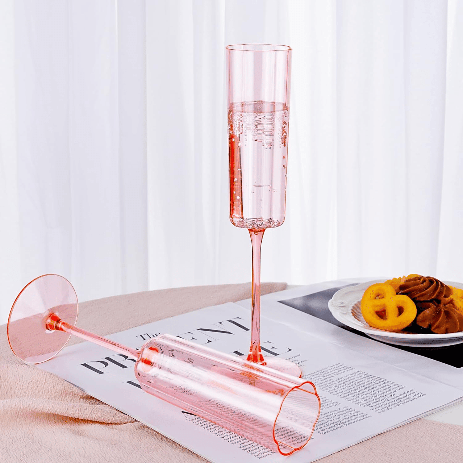 Pink Plastic Champagne Flutes, Long Stem,Clear, Vintage Flower Design (6 oz, 24 Pack) — view 8