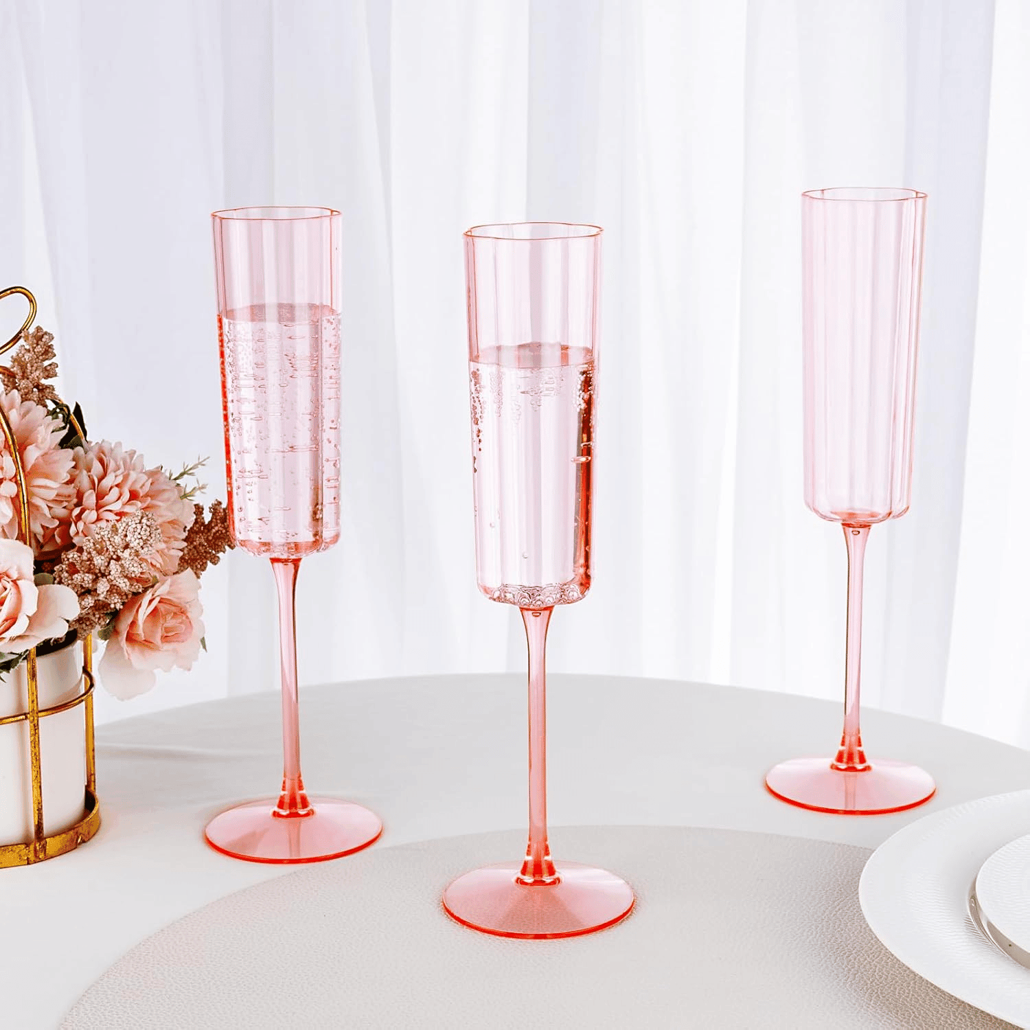 Pink Plastic Champagne Flutes, Long Stem,Clear, Vintage Flower Design (6 oz, 24 Pack) — view 9