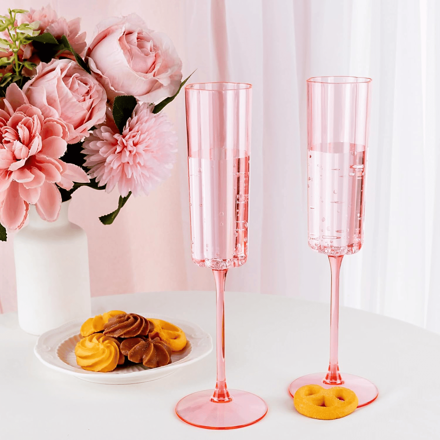 Pink Plastic Champagne Flutes, Long Stem,Clear, Vintage Flower Design (6 oz, 24 Pack) — view 10