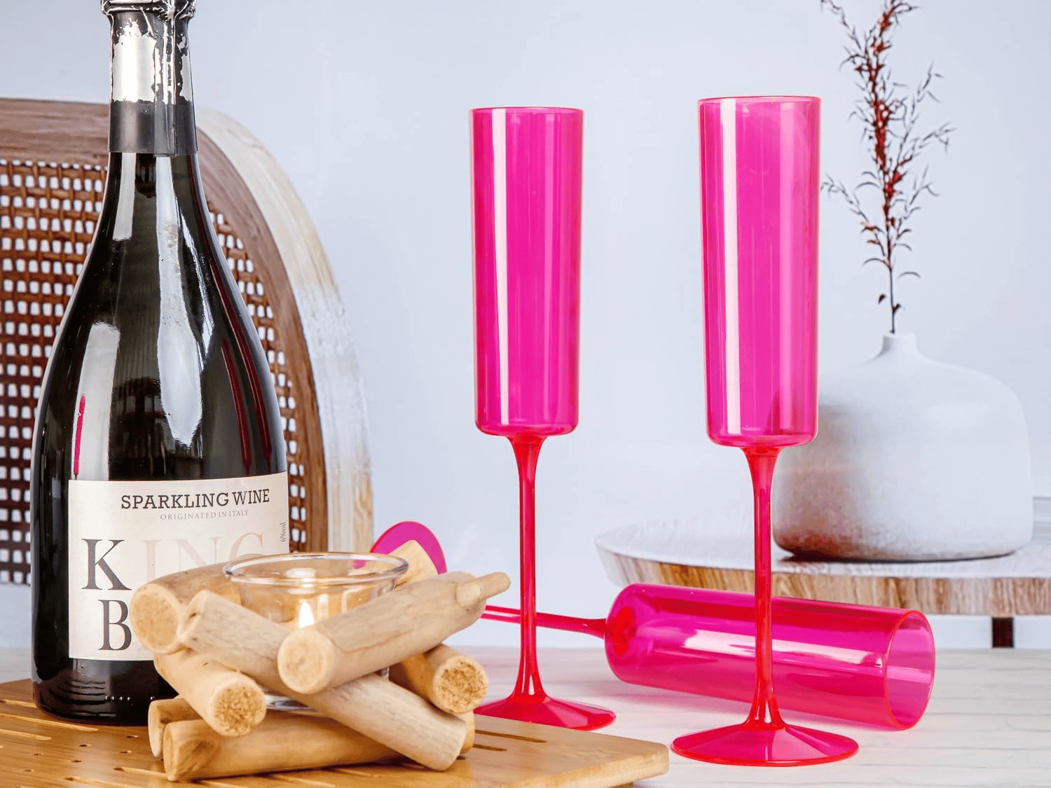 Hot Pink Square Plastic Champagne Flutes, Steammed, Clear Design (6 oz) — view 8