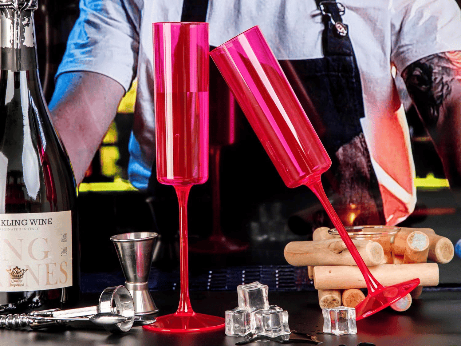 Hot Pink Square Plastic Champagne Flutes, Steammed, Clear Design (6 oz) — view 9