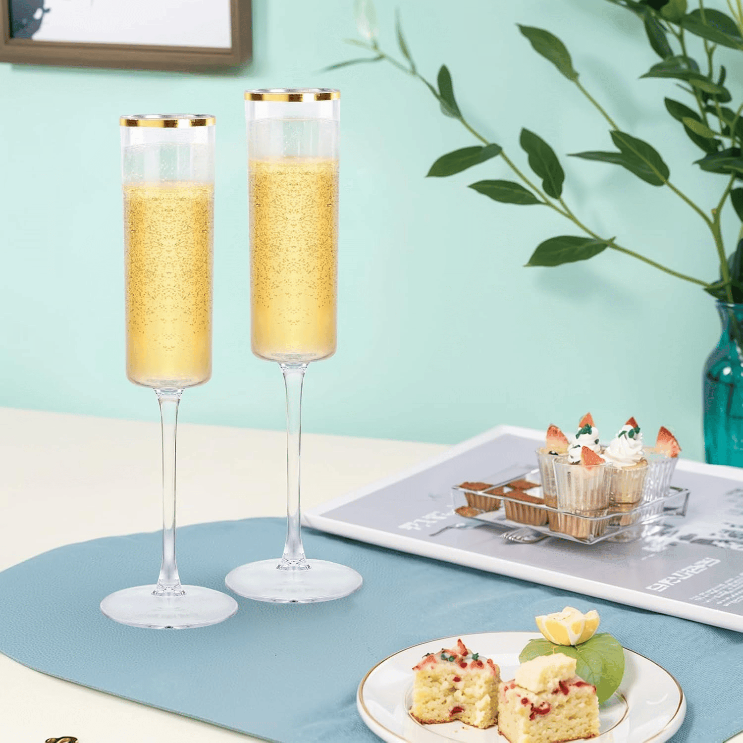 Gold Rim Square Plastic Champagne Flutes, Clear Design (6 oz) — view 10