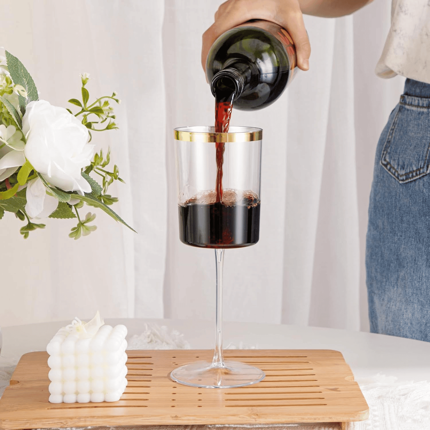 Square Gold Stemmed Plastic Wine Glasses, Large Capacity (14 oz) — view 9