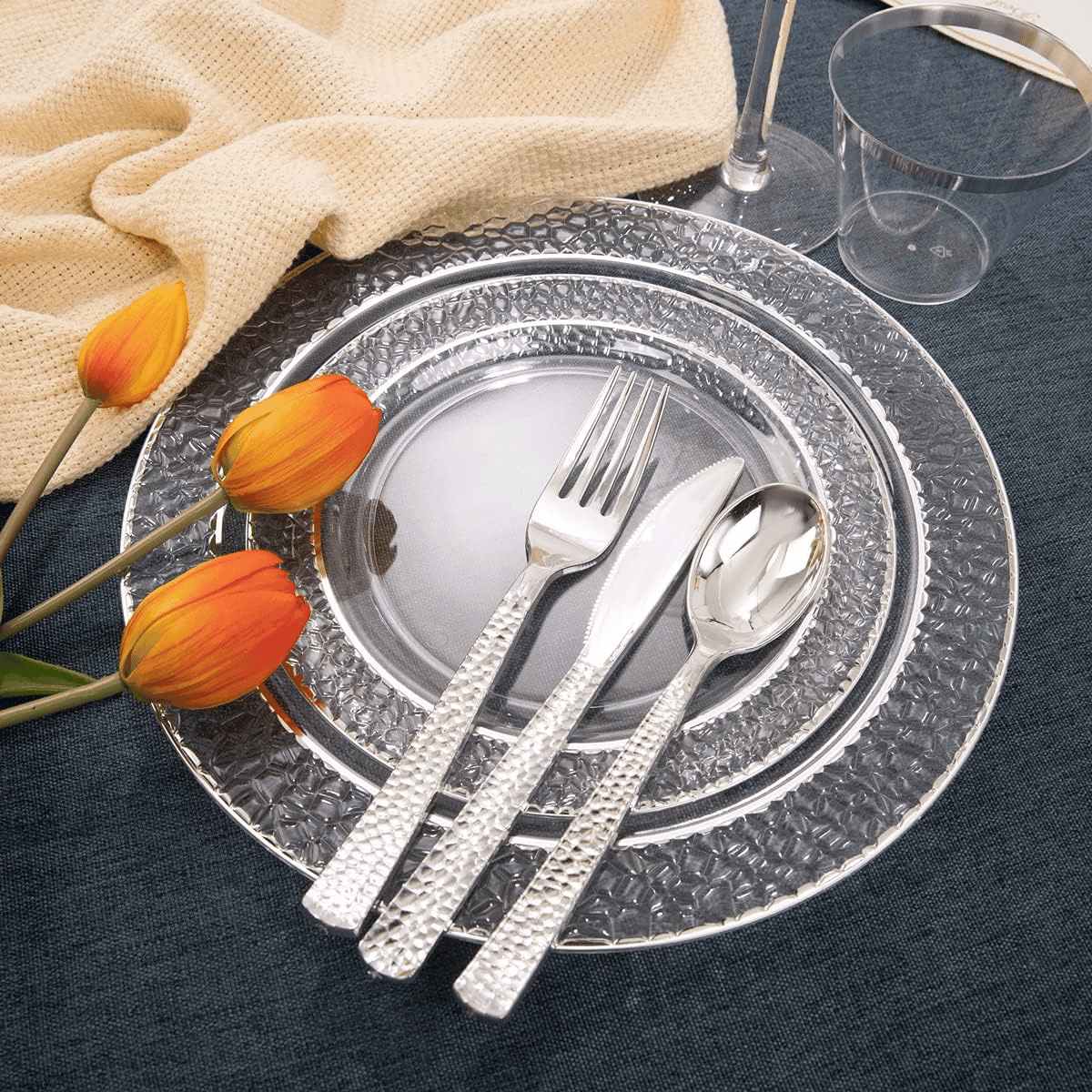 Silver Rim Plastic Plates & Silverware Set (150 Pieces) — view 7