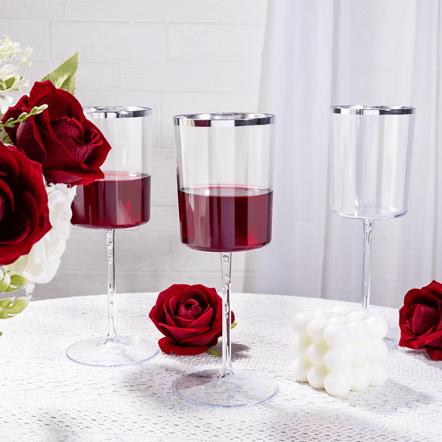 Square Silver Rim Stemmed Plastic Wine Glasses, Clear Design (14 oz) — view 9