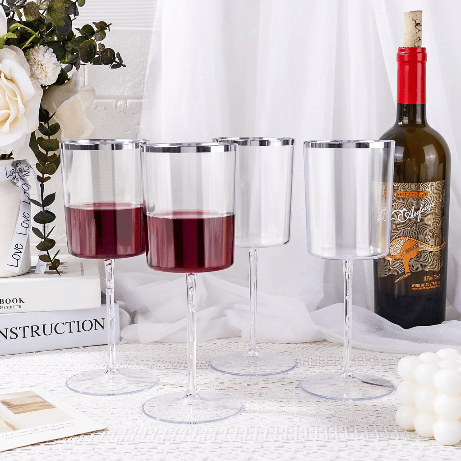 Square Silver Rim Stemmed Plastic Wine Glasses, Clear Design (14 oz) — view 10