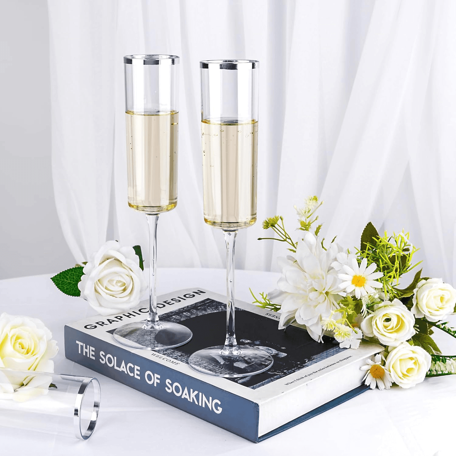 Silver Rim Square Plastic Champagne Flutes, Clear Design (6 oz) — view 8