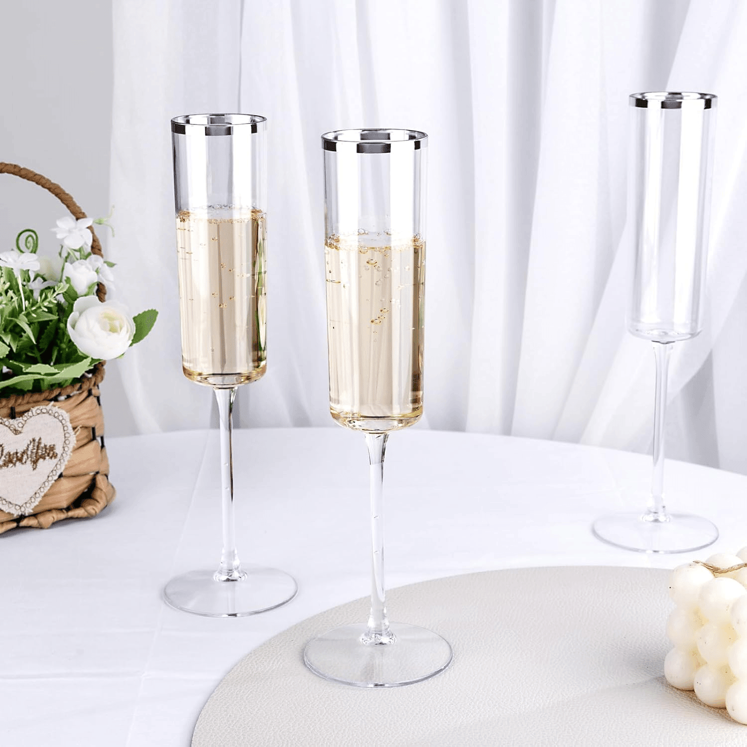 Silver Rim Square Plastic Champagne Flutes, Clear Design (6 oz) — view 9