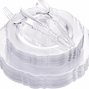 Clear & Silver Baroque Plates with Bamboo Cutlery Set (150 Pieces) — view 1