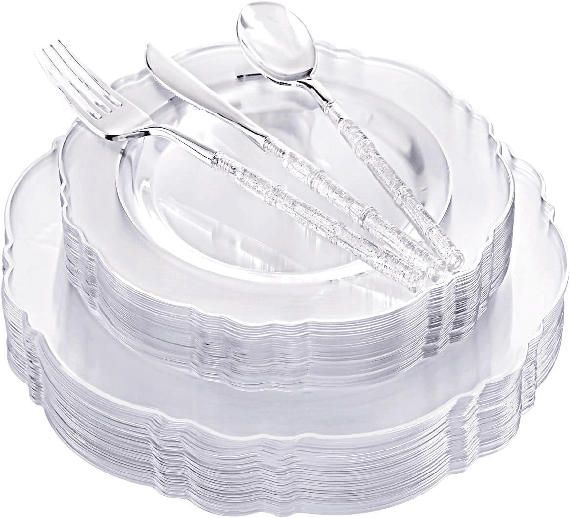 Clear & Silver Baroque Plates with Bamboo Cutlery Set (150 Pieces) — view 1